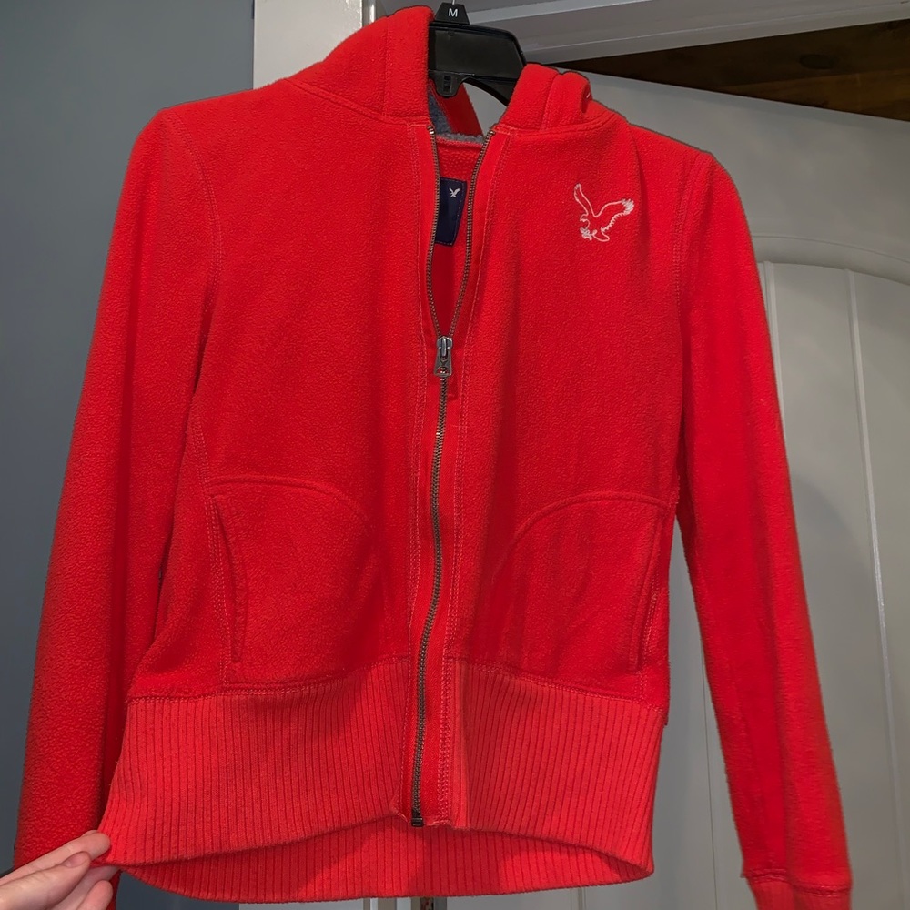 American eagle red/orange jacket with fur hoodie